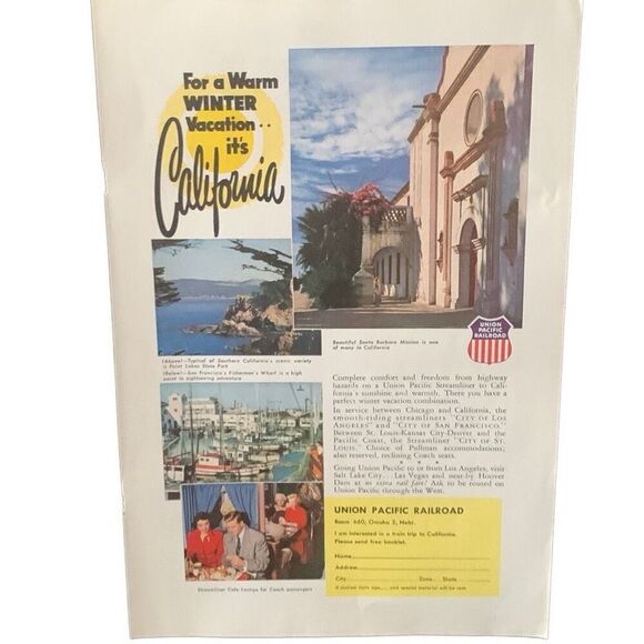 Vintage 1953 Union Pacific California Warm Winter Ad Advertisement - Picture 1 of 4